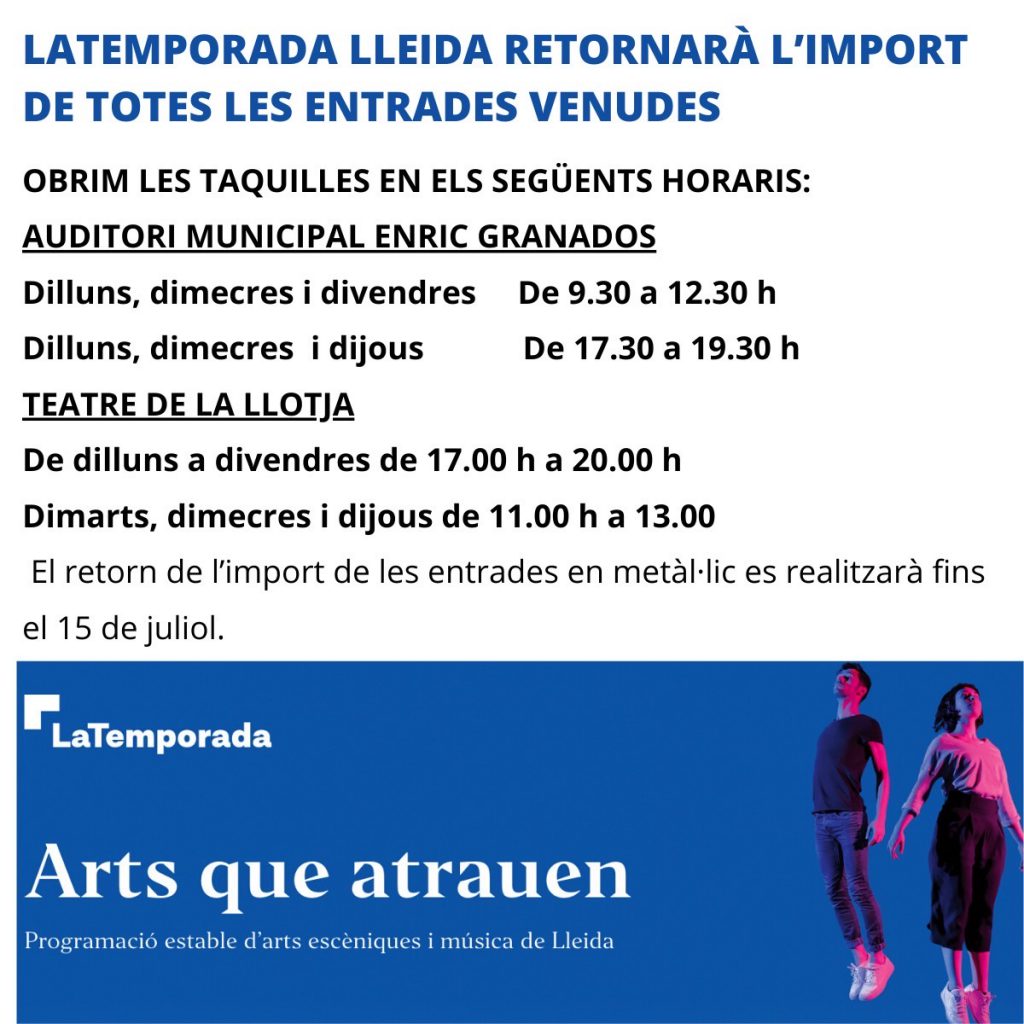 LaTemporada Lleida retornarà l’import de totes les entrades venudes